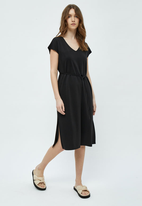 Zwarte V-hals jurk met knoopsluiting taille